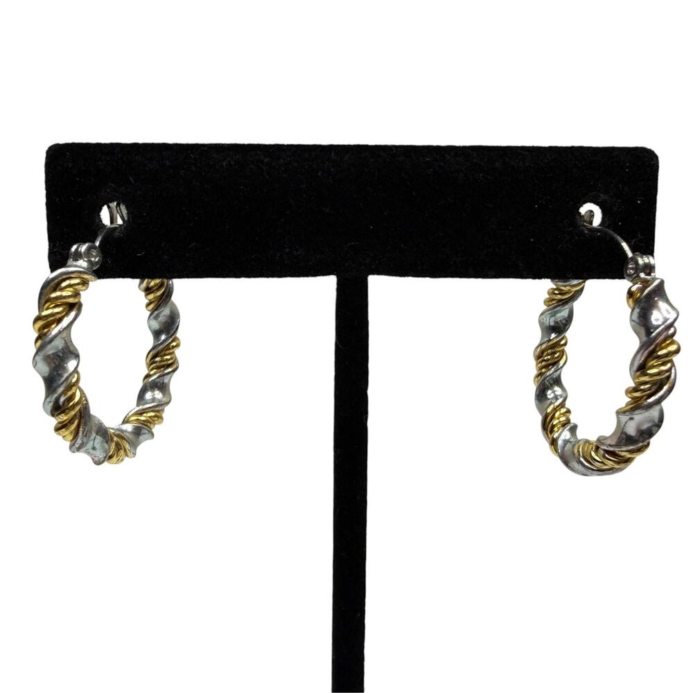 Two Tone Twisted Hoop Earrings Silver Gold Tone Fashion Jewelry 1 in